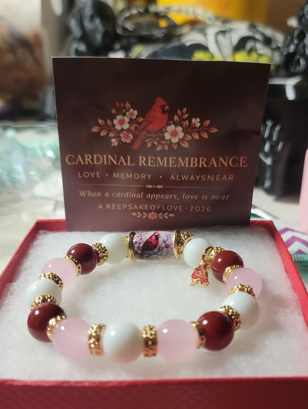 Pink White Red Beaded Cardinal Rememberance Bracelet